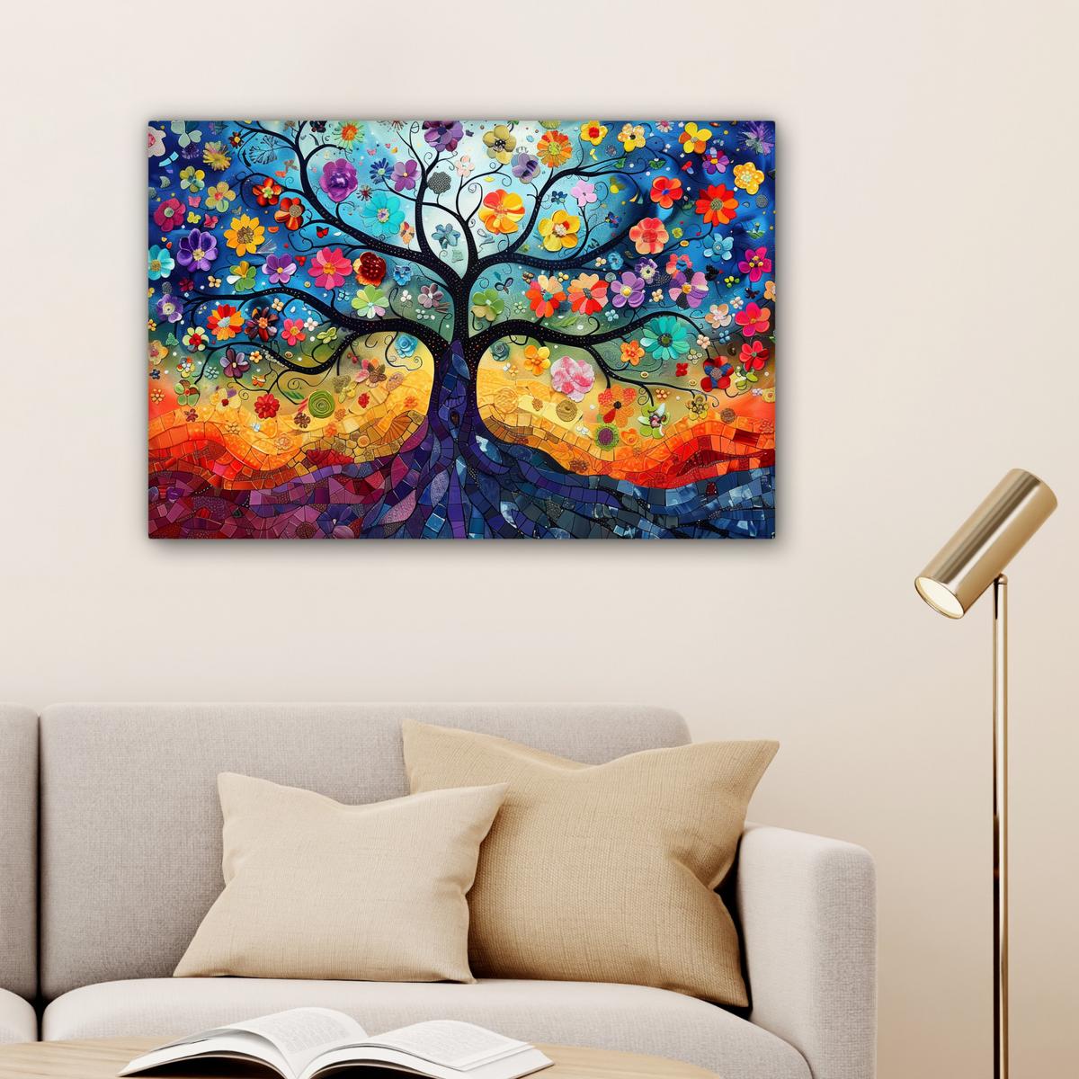 LEINWANDBILD Kunst - Baum des Lebens - Blumen - Hippie Wanddeko 90x60 cm - Dunkelblau, Textil (90/60cm) - MuchoWow