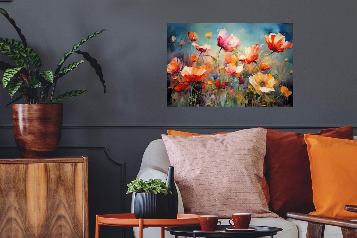 WANDTATTOO Blumen - Aquarell - Kunst - Botanisch - Natur Deko Wohnzimmer 60x40 cm - Orange, Kunststoff (60/40/0.1cm) - MuchoWow