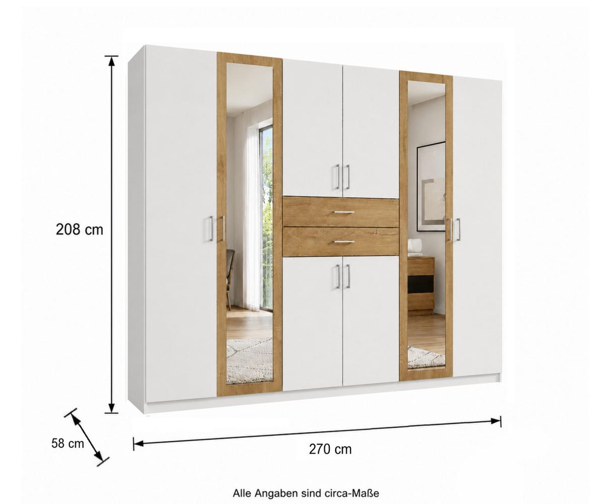 DREHTÜRENSCHRANK B270/H208/T58 cm Weiß mit Absetzungen in Eiche Dekor, Kleiderschrank mit 2 Spiegeltüren & Schubkästen / 22595 - Eichefarben/Silberfarben, Holzwerkstoff/Kunststoff (270/208/58cm) - luma-home