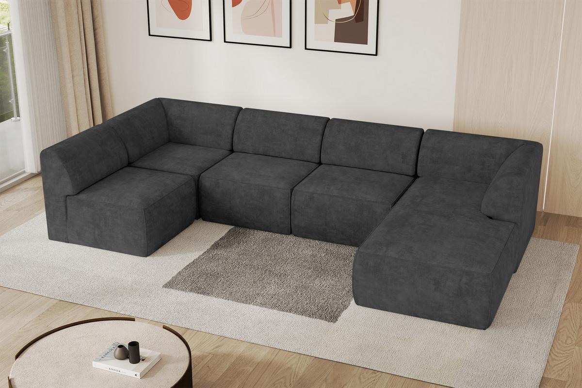 WOHNLANDSCHAFT Ottomane Rechts MOVO-L 345x180x78 cm Dunkelgrau Velours - Eschefarben, Holzwerkstoff/Kunststoff (180/78/345cm) - ALTDECOR