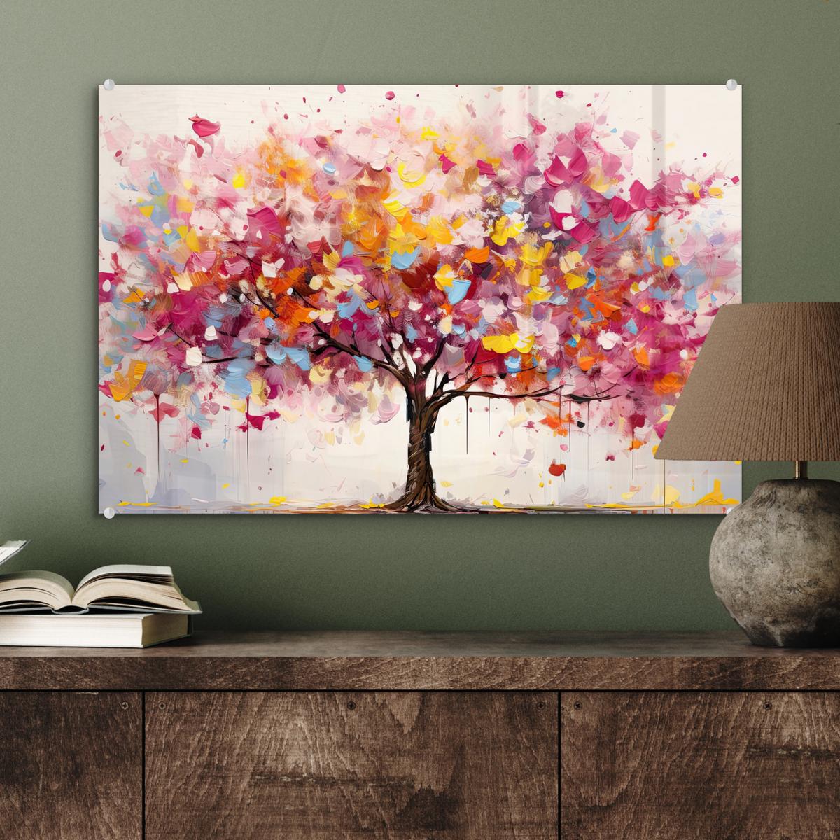 ACRYLGLASBILD Aquarell - Baum - Kunst - Abstrakt Wanddeko 60x40 cm - Multicolor, Glas (60/40cm) - MuchoWow