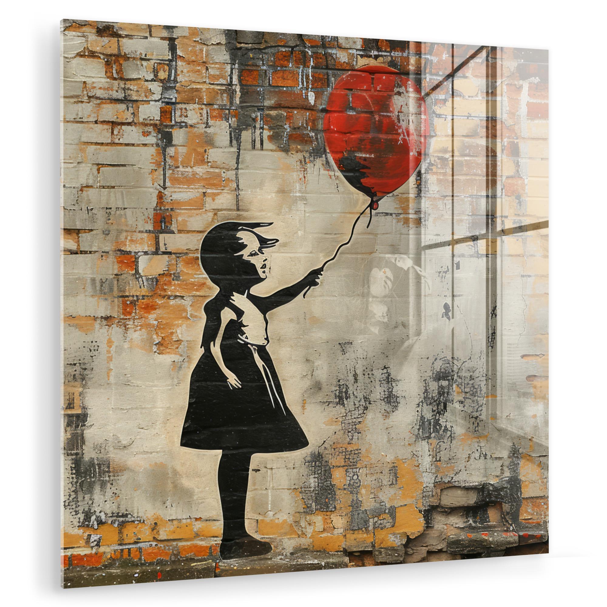 ACRYLGLASBILD Graffiti - Banksy - Mädchen - Straßenkunst 50x50 cm - Sandfarben, Glas (50/50cm) - MuchoWow