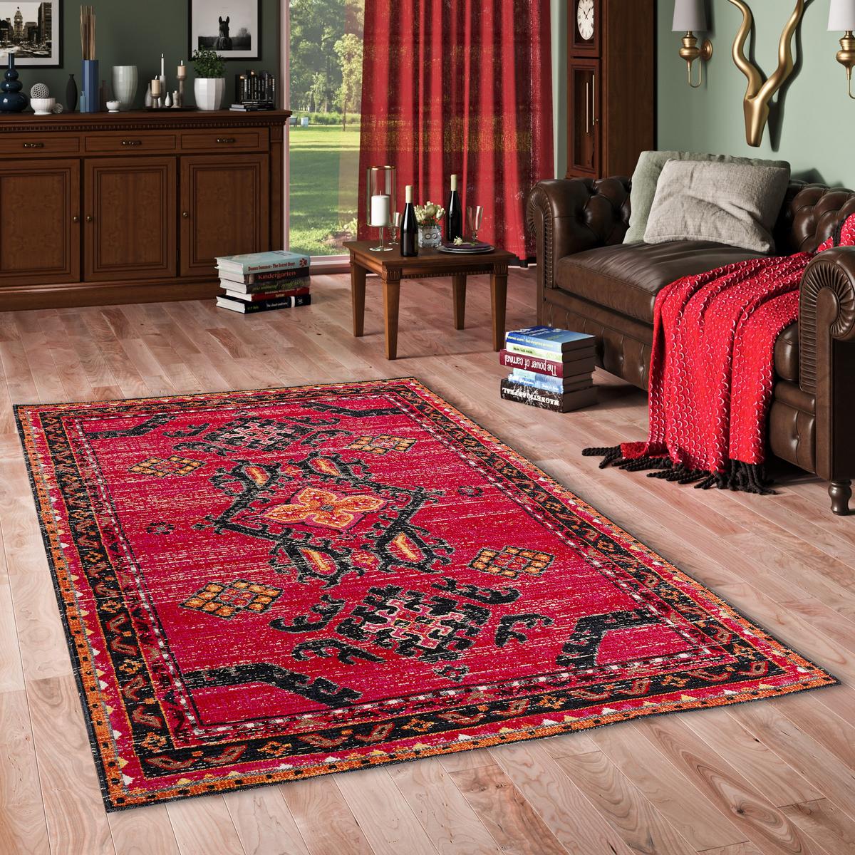 KURZFLOR DESIGNER TEPPICH MODERN VINTAGE ORIENT MUSTER - Rot, Textil (140/200cm) - Pergamon
