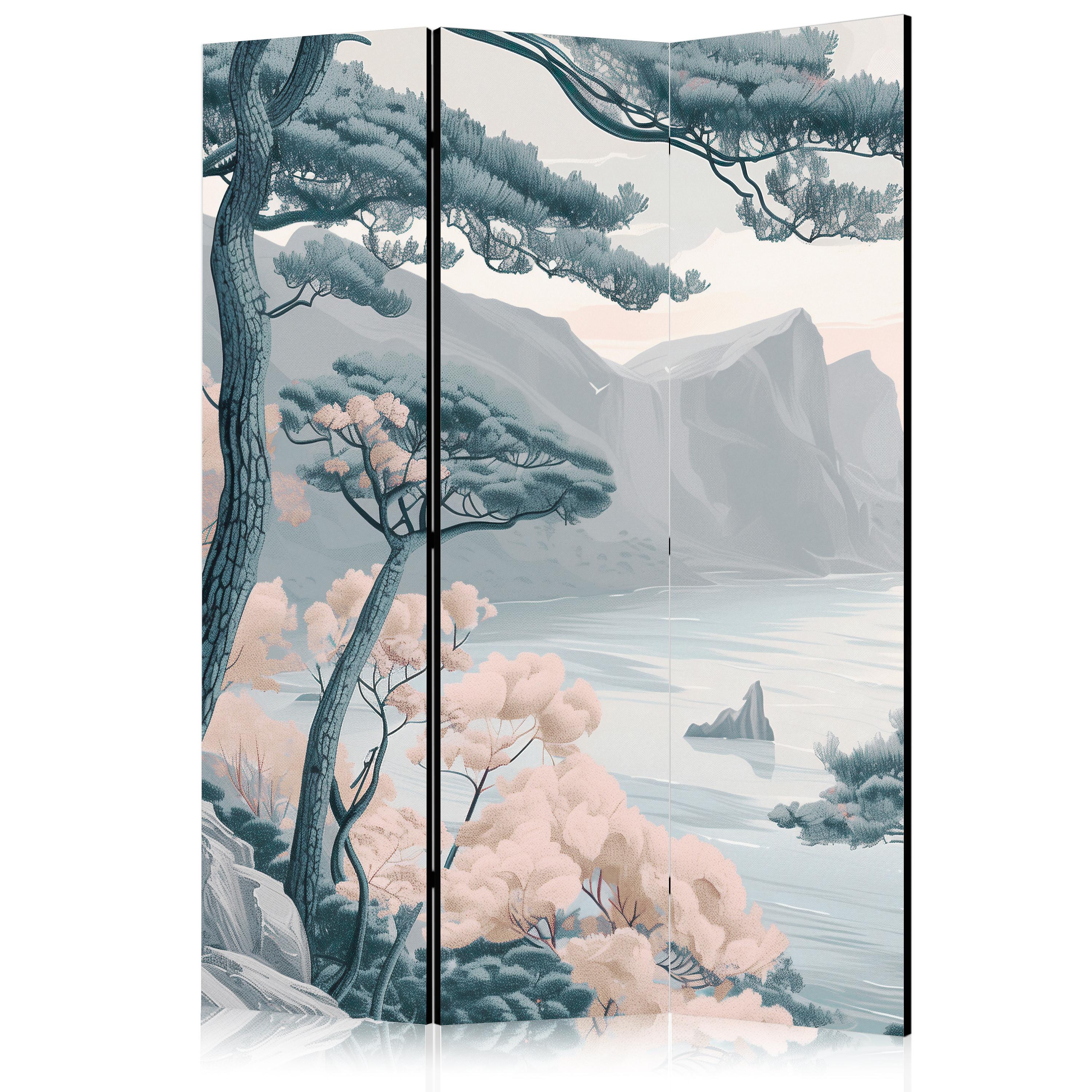 PARAVENT Einseitig Bedruckter 3-tlg 135x172 cm Bergk ste Landschaft - Blau, Holz/Textil (135/172/3cm) - Muralo