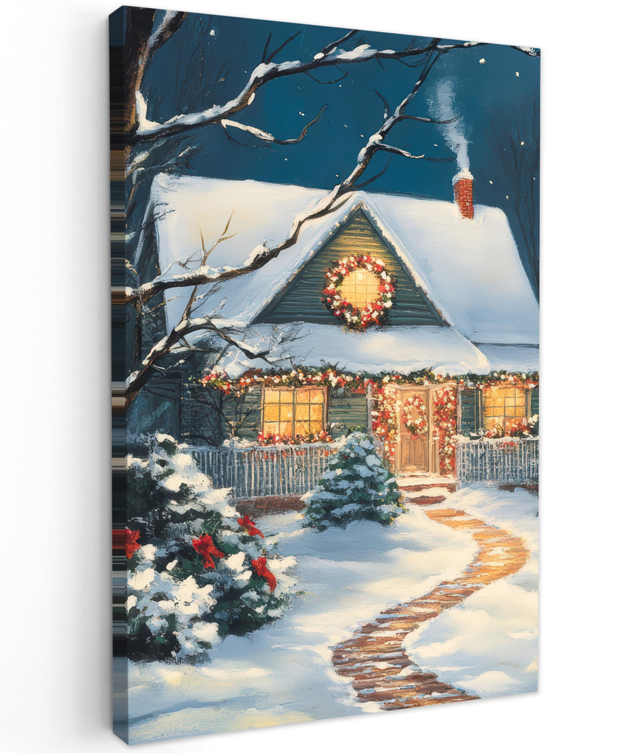 LEINWANDBILD Weihnachten - Weihnachtsbaum - Winter - Zuhause - Schnee Deko XXL 80x120 cm - Smaragdgrün, Textil (80/120cm) - MuchoWow