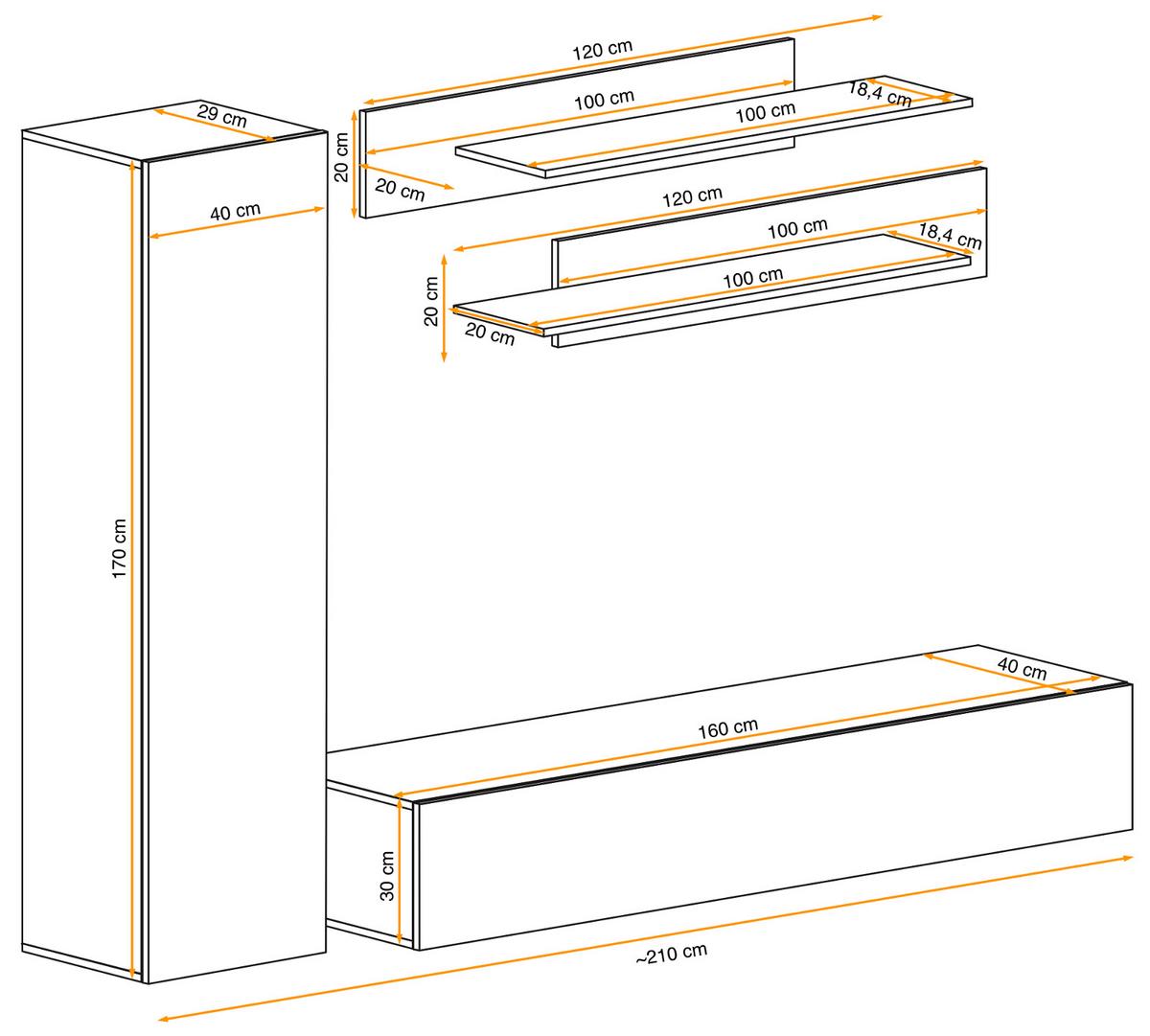 WOHNWAND Eiche Jackson 210 cm 4-teilig hängend, Anbauwand mit Push-to-Open - Eichefarben, Holzwerkstoff (210/170/40cm) - Inn.Furn