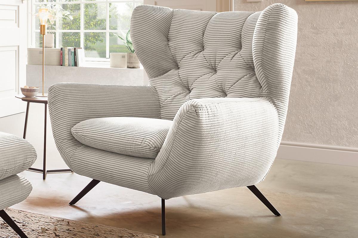 SESSEL CHARME Cremeweiß Cord - Creme/Schwarz, Textil/Metall (100/106/95cm) - KAWOLA