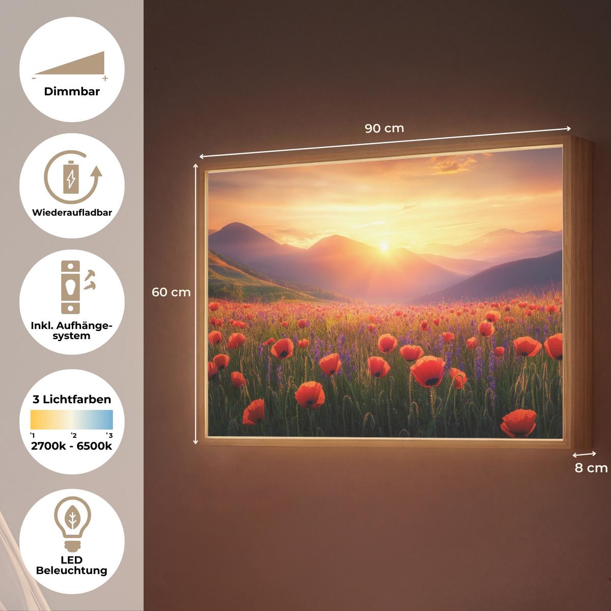 WANDLEUCHTE MIT AKKU Landschaft - Sonnenuntergang - Blumenfeld 90x60 cm - Rot, Holzwerkstoff (90/60/8cm) - OnlyWow