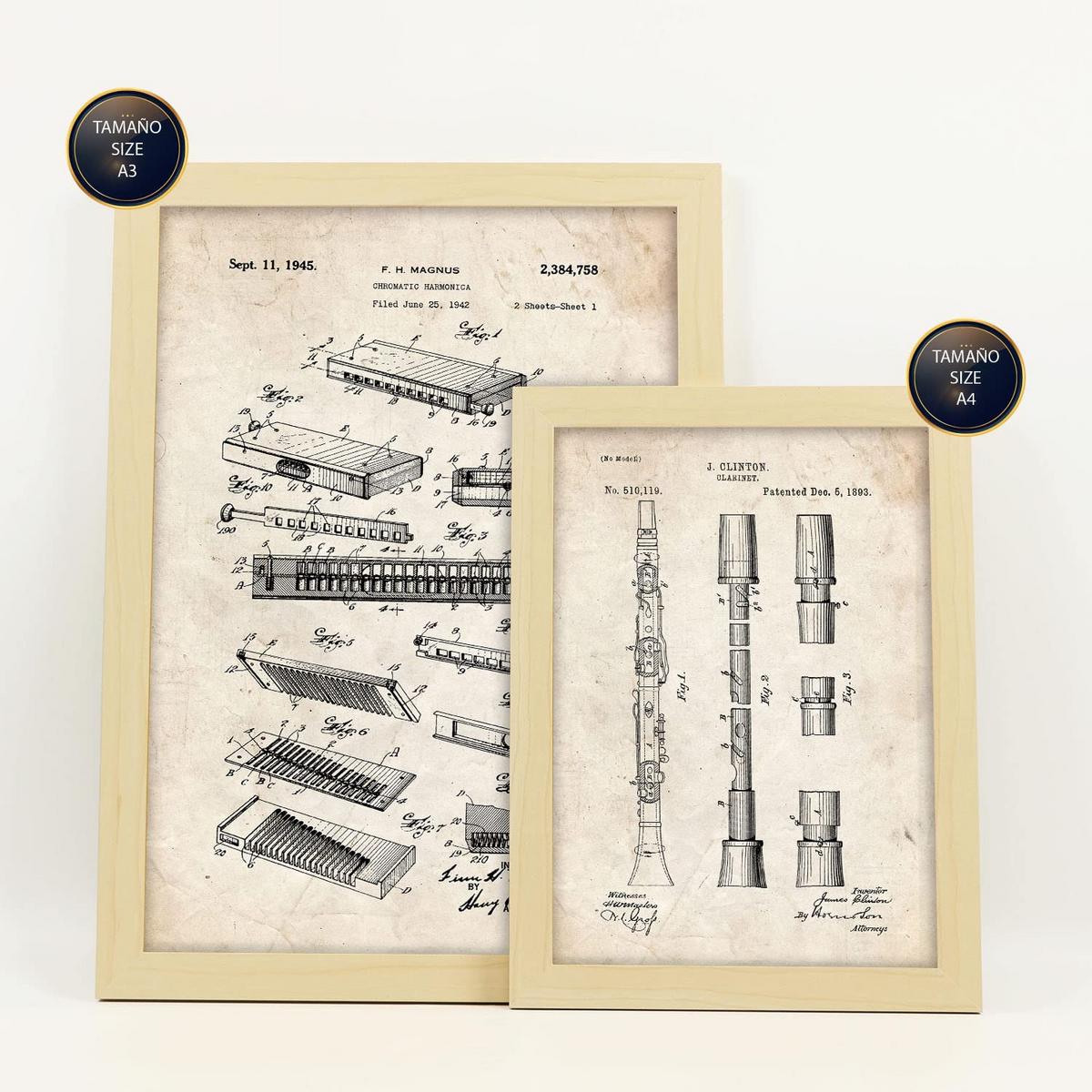 POSTER Set Mit 6 Mit Blasinstrument Patenten Im Vintage Stil A3 & A4 Rahmen Aus Hellem Holz - Beige, Papier (29/3cm) - Nacnic