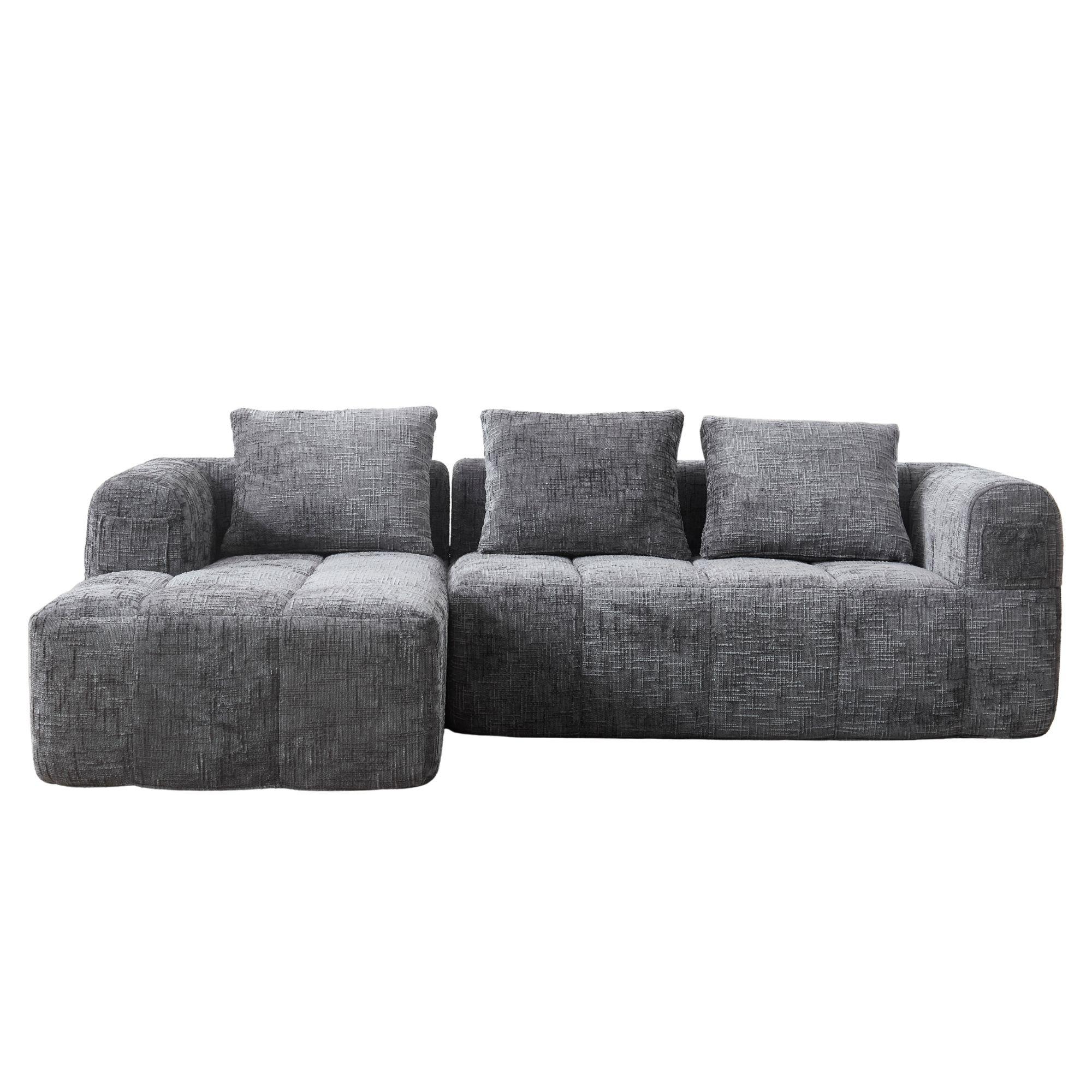 ECKSOFA chenille L-form mit chaiselongue & 3 kissen - Grau, Textil (250/158cm) - Urban Meuble