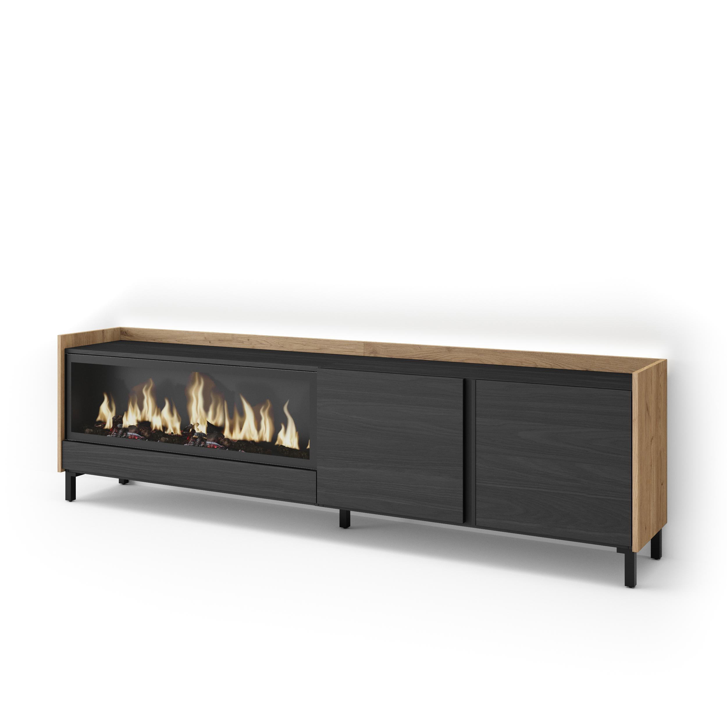 LOWBOARD, Schwarz und Eiche, 212/35/61cm, Kamin mit Feuereffekt XXL - Schwarz, Holzwerkstoff (212/61/35cm) - Skraut Home