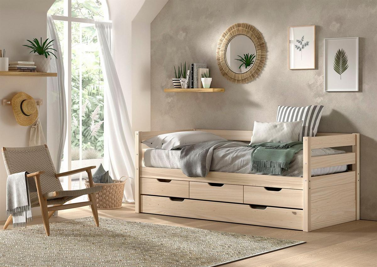 KOJENBETT Kelda 90x200 mit Bettschublade Kiefer Massivholz Milky Pine - Weiß, Holz (90/200cm) - 58aufmkessel