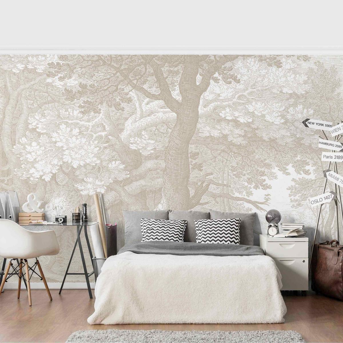 FOTOTAPETE Im Wald Kupferstich in Beige 384/255 cm - Eichefarben, Papier (384/255cm) - Bilderwelten