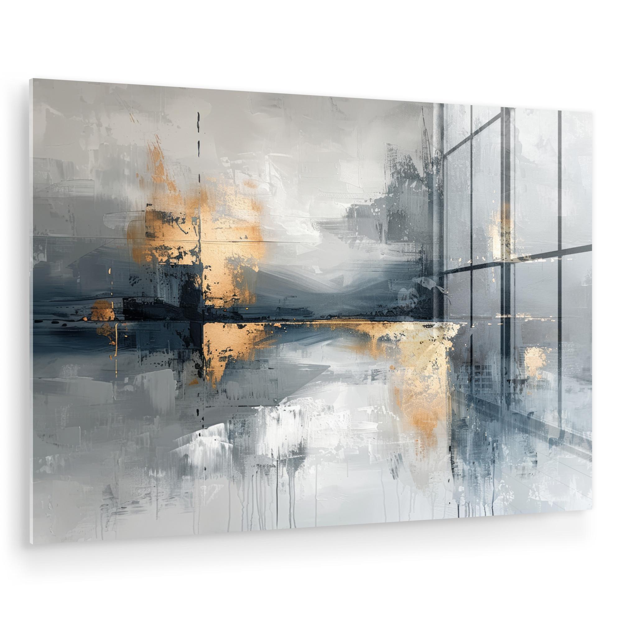 ACRYLGLASBILD Kunst - Grau - Gold - Abstrakt Wandbild Schlafzimmer 120x80 cm - Dunkelgrau, Glas (120/80cm) - MuchoWow