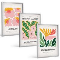 BILDER SET 3er Set - 40x60 cm Silberner Rahmen - Blumen und Blätter – moderne Poster - Silberfarben, Kunststoff (40/60cm) - TULUP