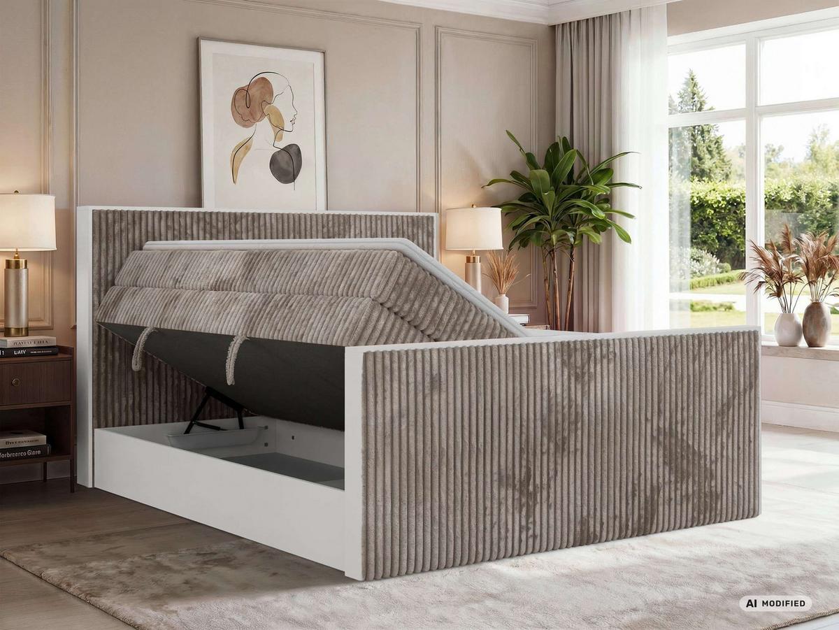 BOXSPRINGBETT TRAVIT KING DUO 140/200 - Hellbraun Cord - Topper Visco - H3 - Hellbraun/Schwarz, Kunststoff/Textil (140/200cm) - MKS