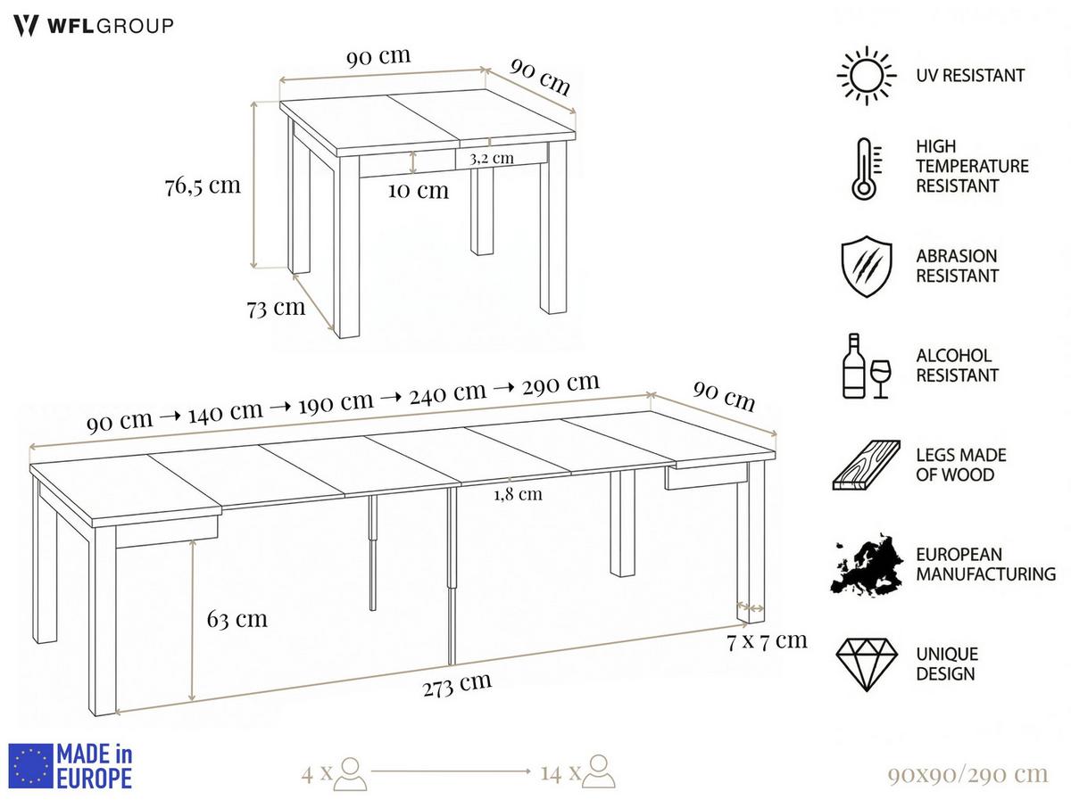 ESSTISCH Toren ausziehbar verlängerbar quadratisch, Eiche Sonoma Hellbraun 90-290/90/76.5 cm - Schwarz/Sonoma Eiche, Holz/Holzwerkstoff (90/290/76.5cm) - WFL GROUP