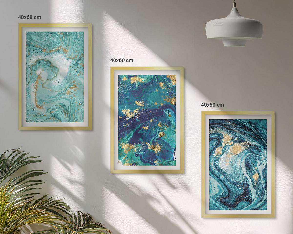 BILDER SET 3er Set - 40x60 cm Goldrahmen - Abstraktion von Türkisfarbe - Goldfarben, Kunststoff (40/60cm) - TULUP