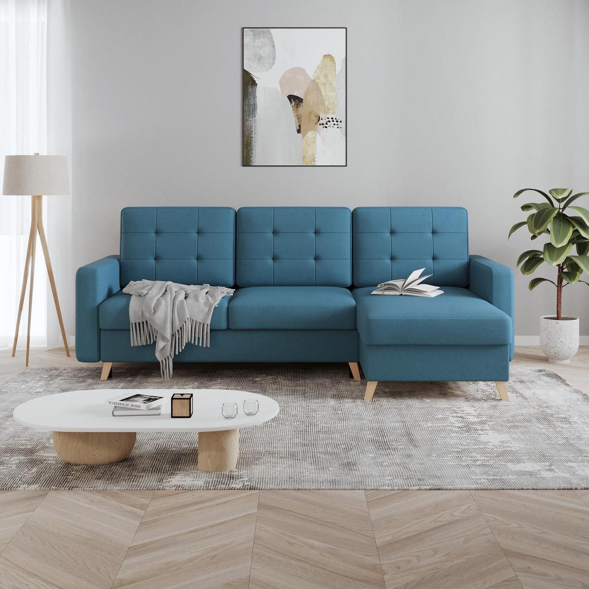 ECKSCHLAFSOFA Vinci mit universelle Ottomane, Dunkelblau - Buchefarben/Dunkelblau, Textil (236/151cm) - Beautysofa