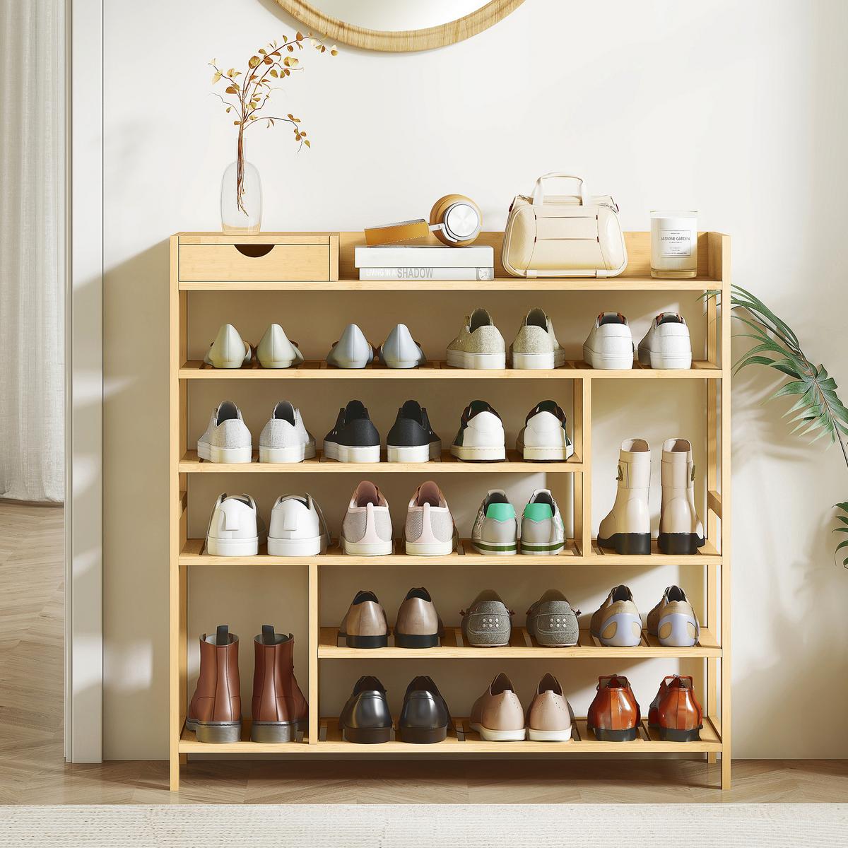 SCHUHREGAL, Schuhständer mit 6 Ebenen, Schublade für max. 18 Paar, Bambus - Naturfarben, Holz/Bambusholz (30/100/101cm) - HOMCOM