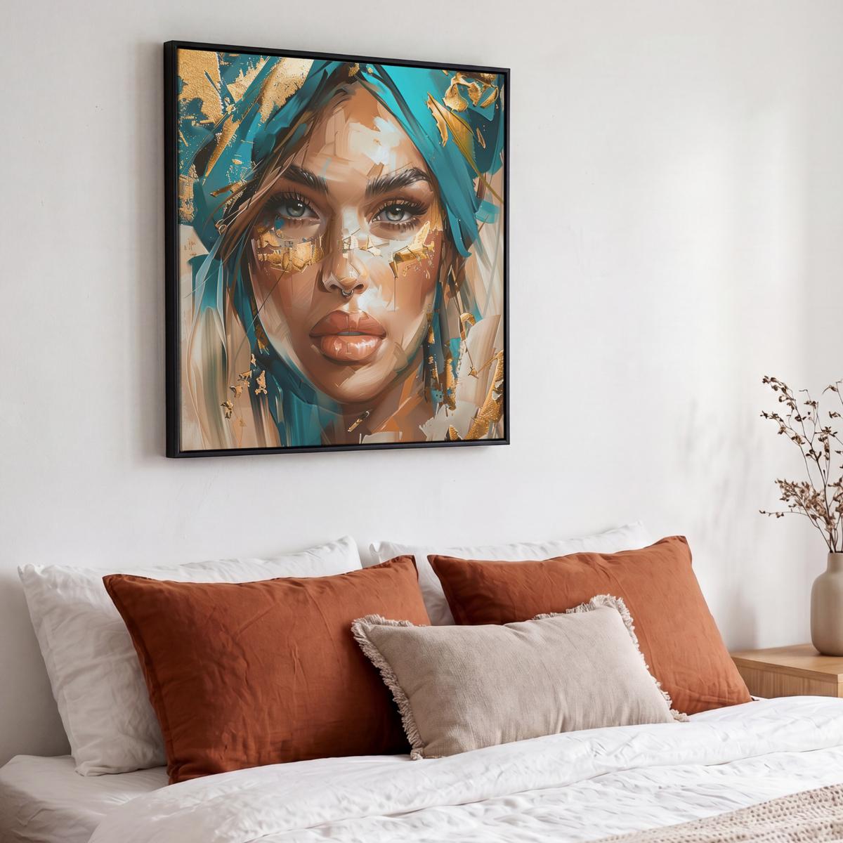 LEINWAND Bilder mit Rahmen - Frau - Porträt - Gold - Luxus - Blau - 50x50 - Türkis, Textil (50/50cm) - MuchoWow