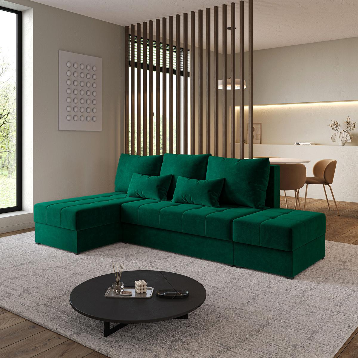 ECKSOFA NORVI Grün Plüsch-Stoff mit Schlaffunktion - Grün, Holz (251/143cm) - MASSENO