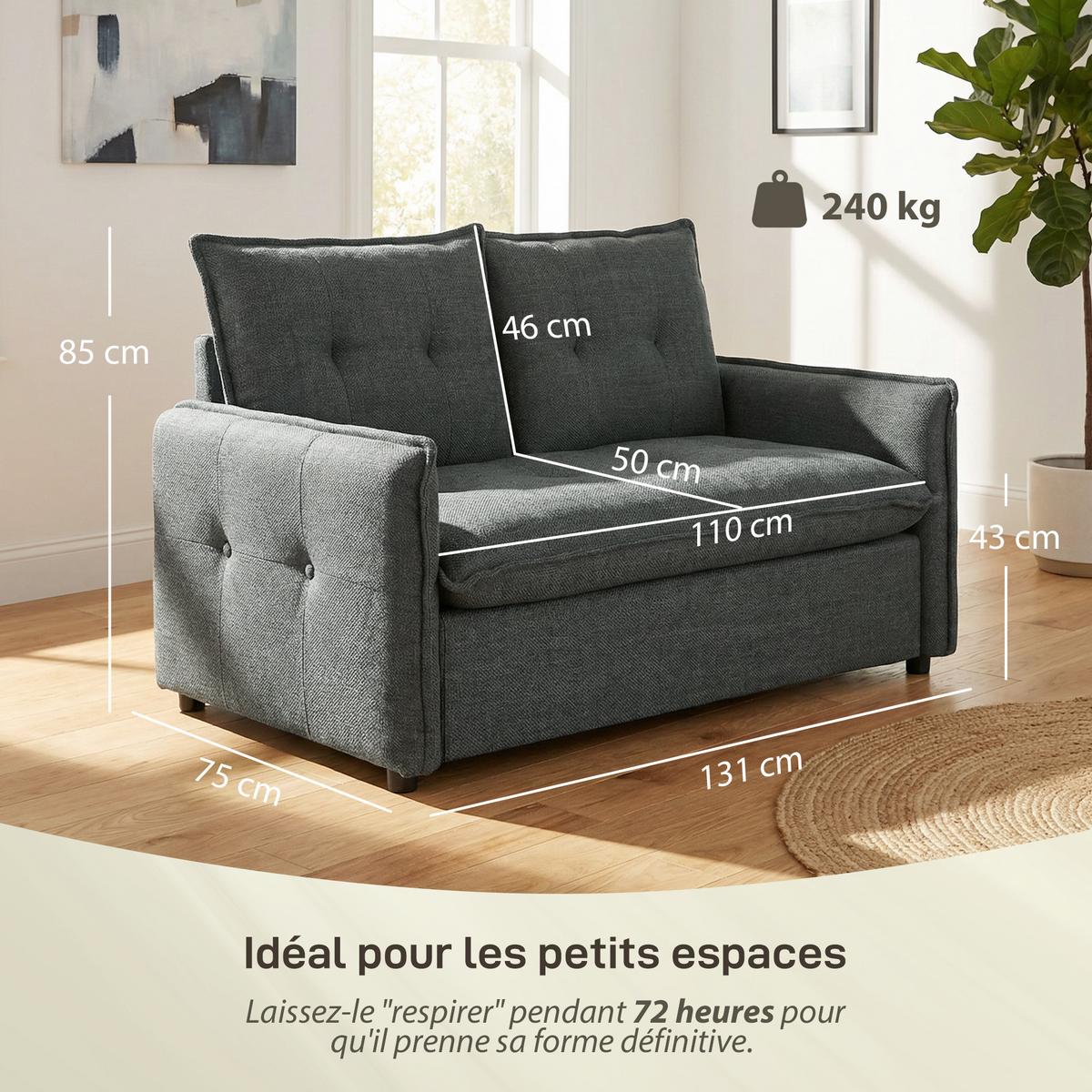 SOFA Rhyxan 131/75/85cm - Dunkelgrau, Textil (75/85/131cm) - ZMH
