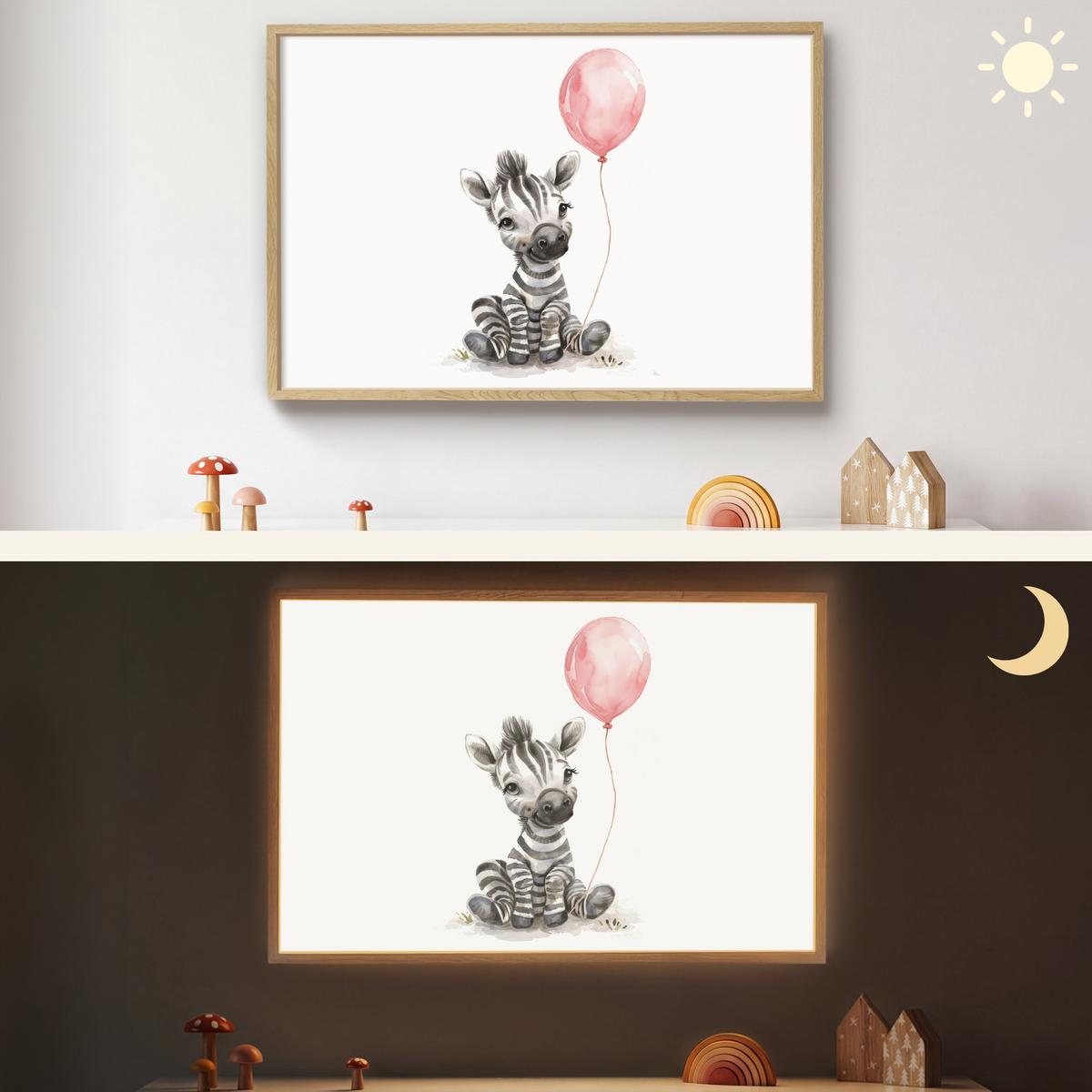 WANDLEUCHTE MIT AKKU Zebra - Baby - Tiere - Rosa Luftballon 100x70 cm - Weiß, Holzwerkstoff (100/70/8cm) - OnlyWow