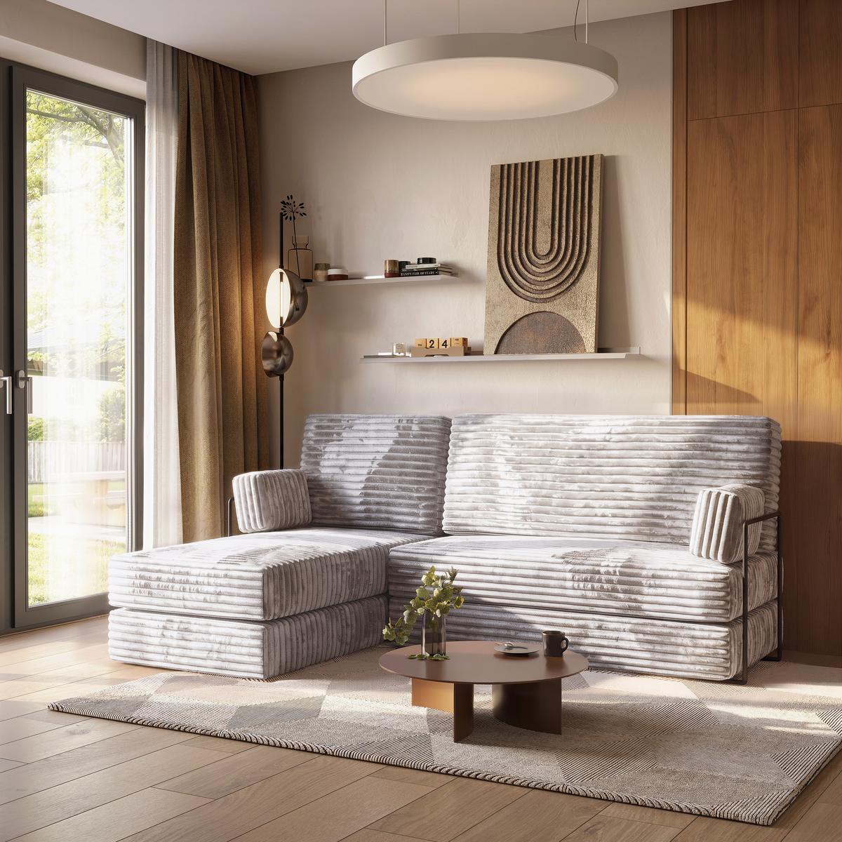 ECKSOFA NOTIA modulares Boneless Sofa mit Schlaffunktion Hellgrau Kordstoff - Grau, Textil (200/120cm) - MASSENO