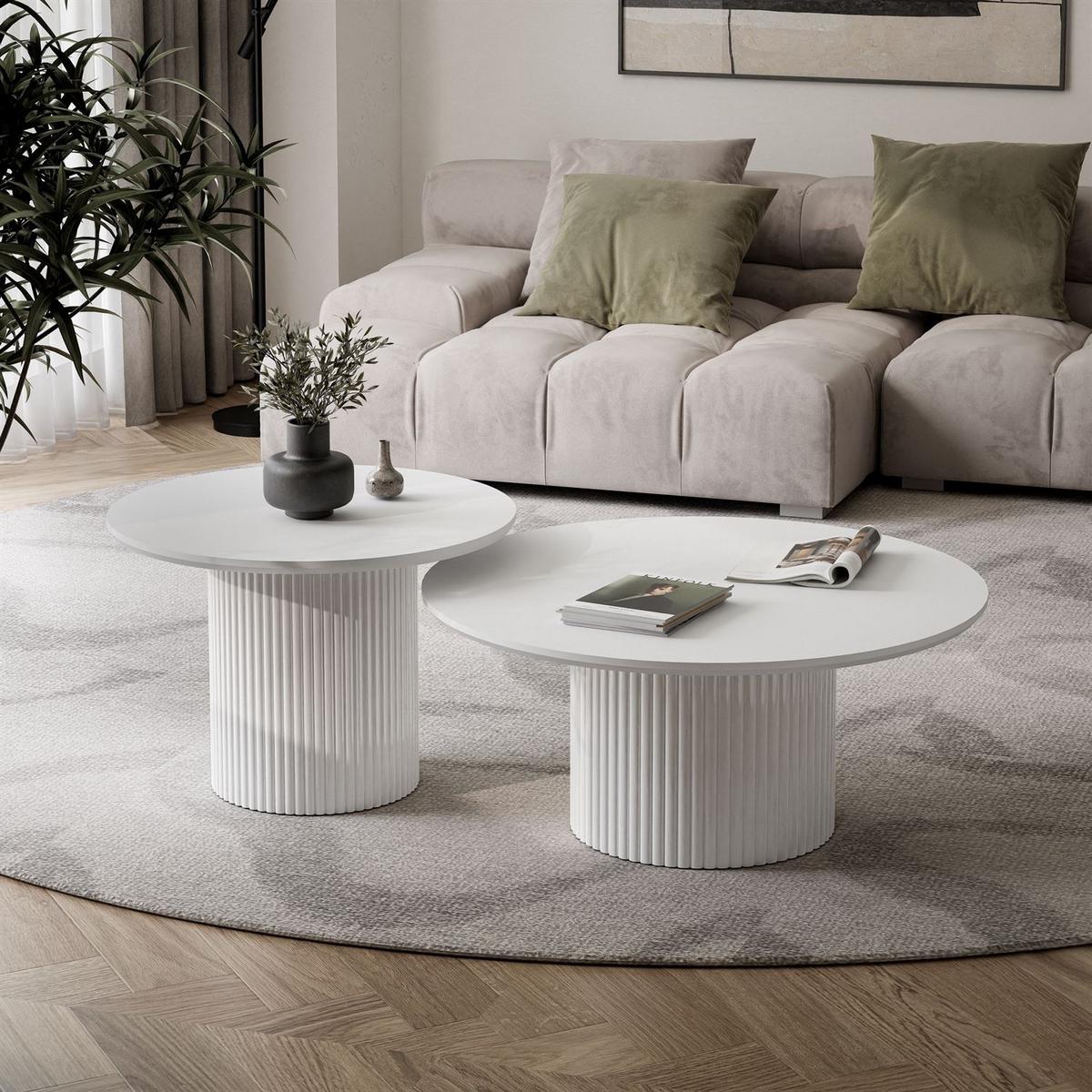COUCHTISCH-SET OVI mit geriffeltem Sockel - Weiß, Holzwerkstoff (80/80/42cm) - Lookway
