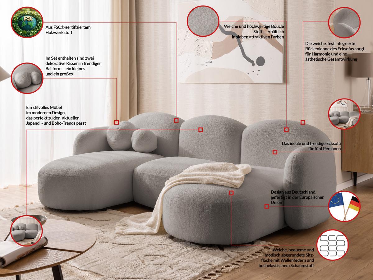 WOHNLANDSCHAFT Nuvola mit abgerundetem Design Hellgrau Bouclé-Stoff - Hellgrau/Schwarz, Holz/Kunststoff (268/80/146cm) - S-Style
