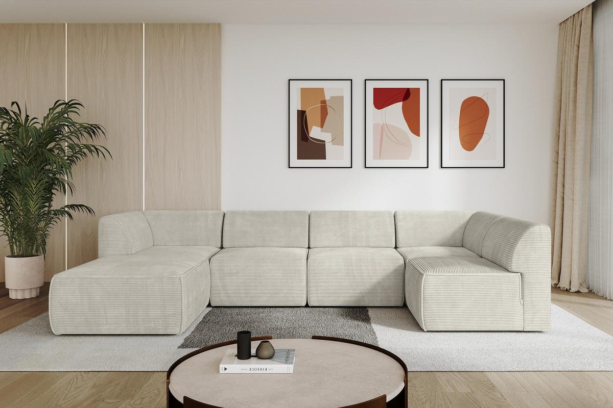 WOHNLANDSCHAFT Ottomane Links MOVO-L 345x180x78 cm Cream Cord - Creme, Holzwerkstoff/Kunststoff (345/78/180cm) - ALTDECOR