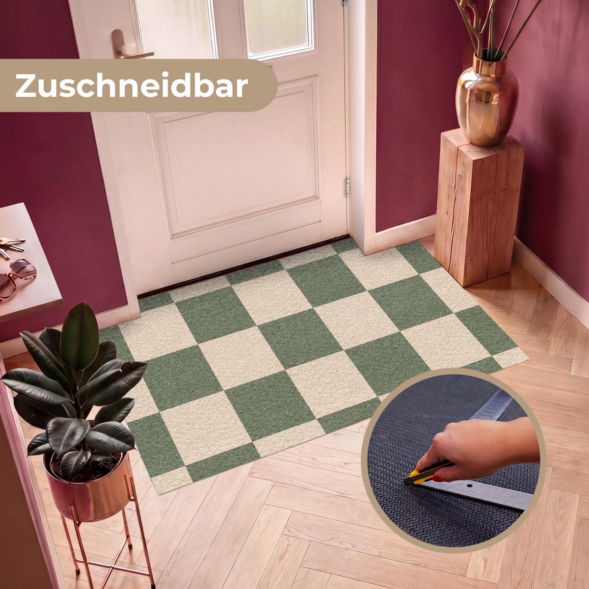 FUSSMATTE Schachbrettmuster - Grün - Beige - Blöcke Flurteppich 150x90 cm - Olivgrün, Kunststoff (150/0.4cm) - MuchoWow