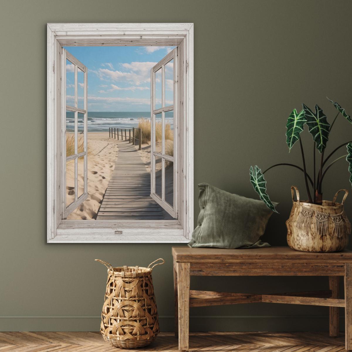 AKUSTIKBILD Fenster - Meer - Küste - Natur - Ausblick - Strand - Wattenmeer Wanddeko 70x100 cm - Beige, Kunststoff (70/100/0.9cm) - MuchoWow