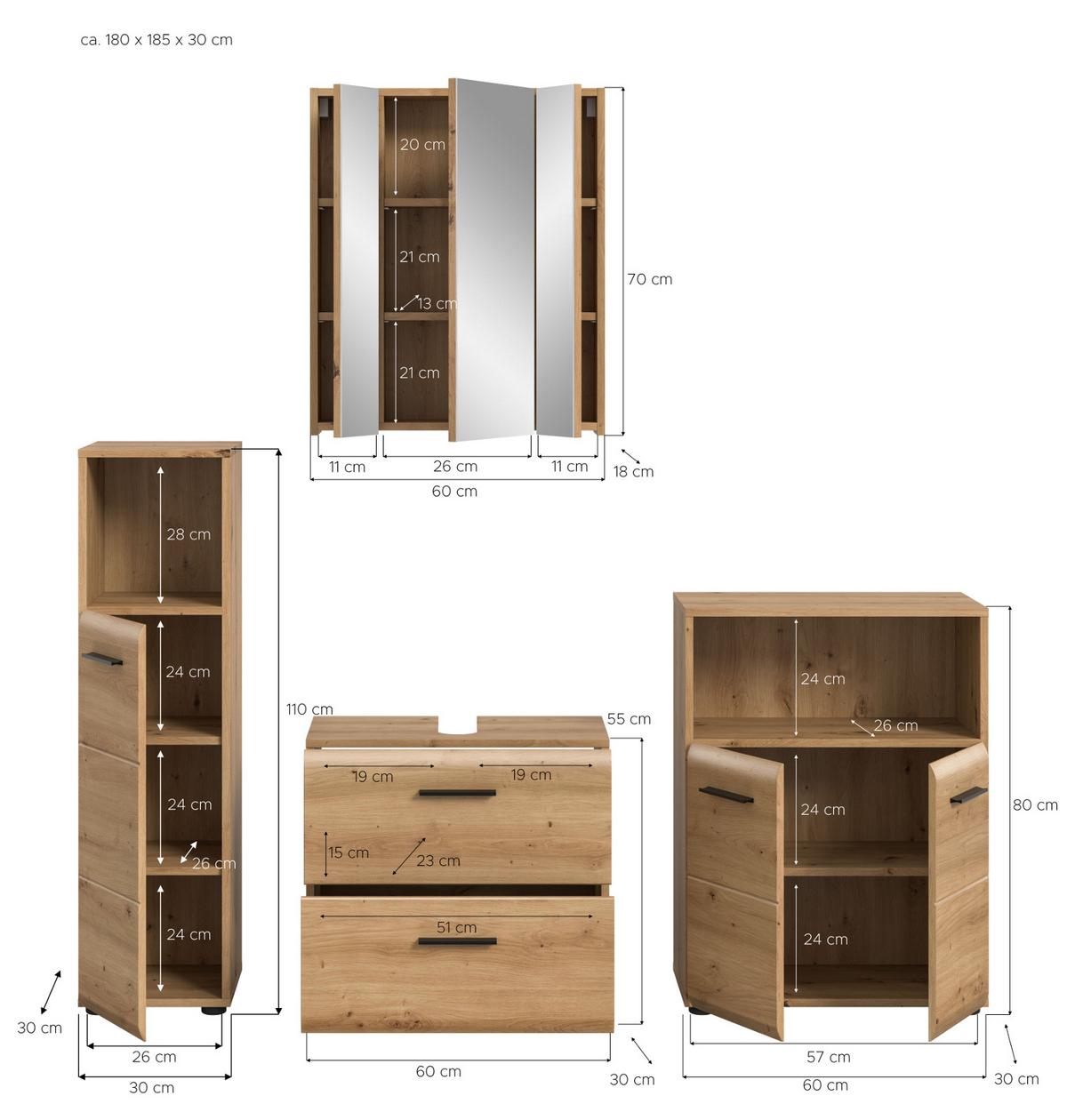 BADMÖBEL-SET 4-teilig in Artisan Eiche, Badkombination 180 x 185 cm, Cover - Schwarz/Eiche Artisan, Glas/Holzwerkstoff (180/185/30cm) - Inn.Furn