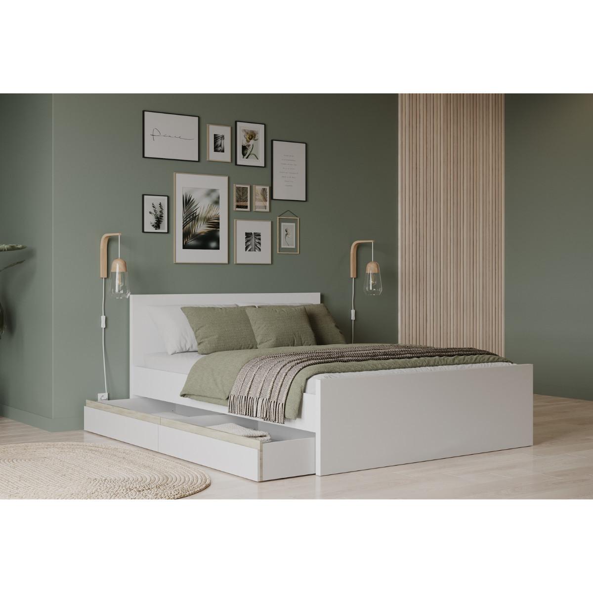 ENSEMBLE Bett Clyde 160x200 cm mit 2 Schubladen 165/207,4/90 cm - Eschefarben, Holzwerkstoff (200/160cm) - Calicosy