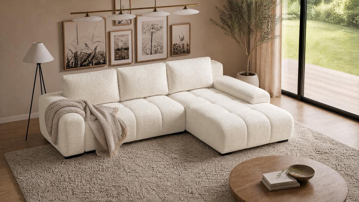 ECKSOFA Ovia mit Bettkasten und Schlaffunktion, Bouclé-Stoff in L-Form - Beige, Textil (270/185cm)