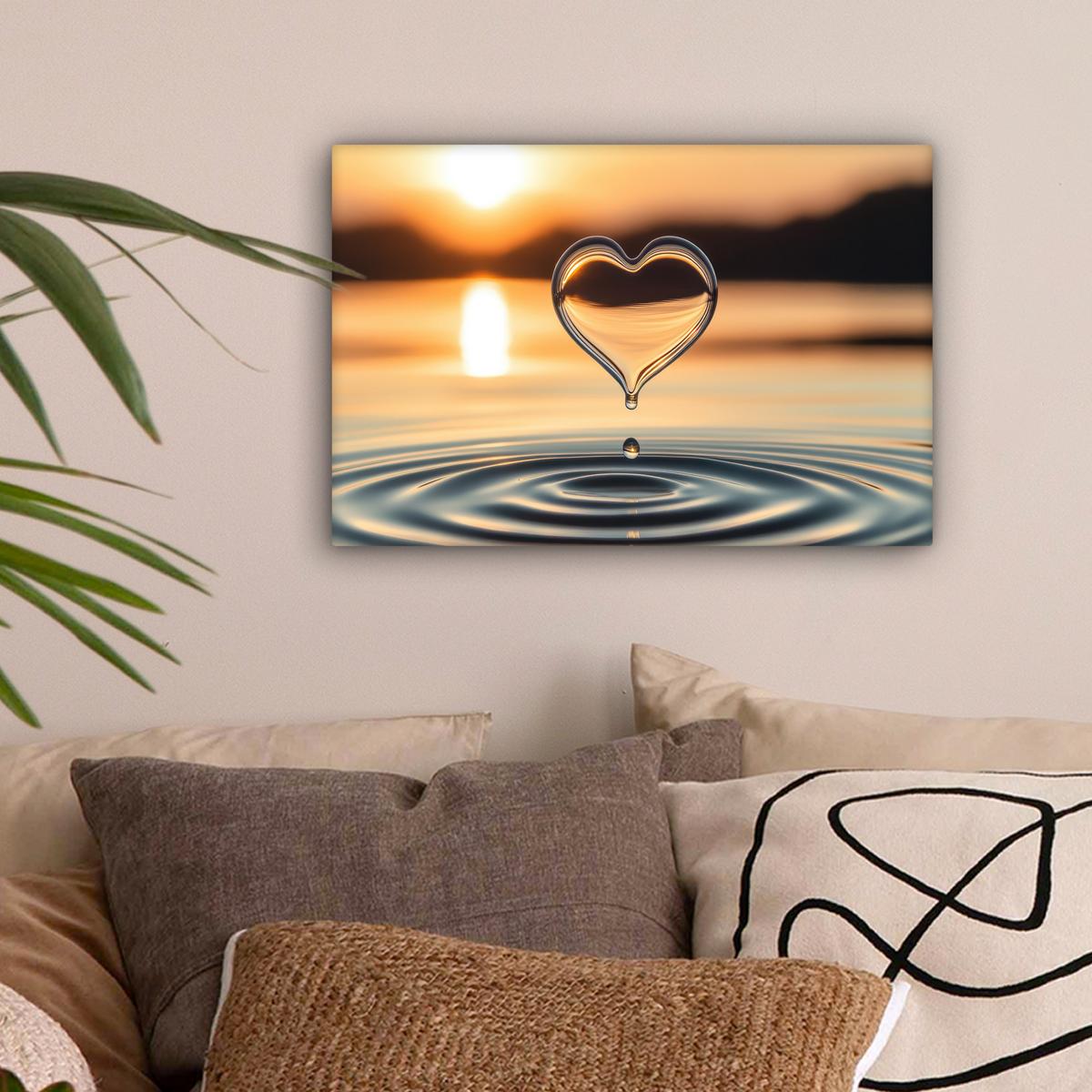 LEINWANDBILD Herz - Wasser - Sonnenuntergang - Natur - Zen Deko Schlafzimmer 30x20 cm - Bernsteinfarben, Textil (30/20cm) - MuchoWow