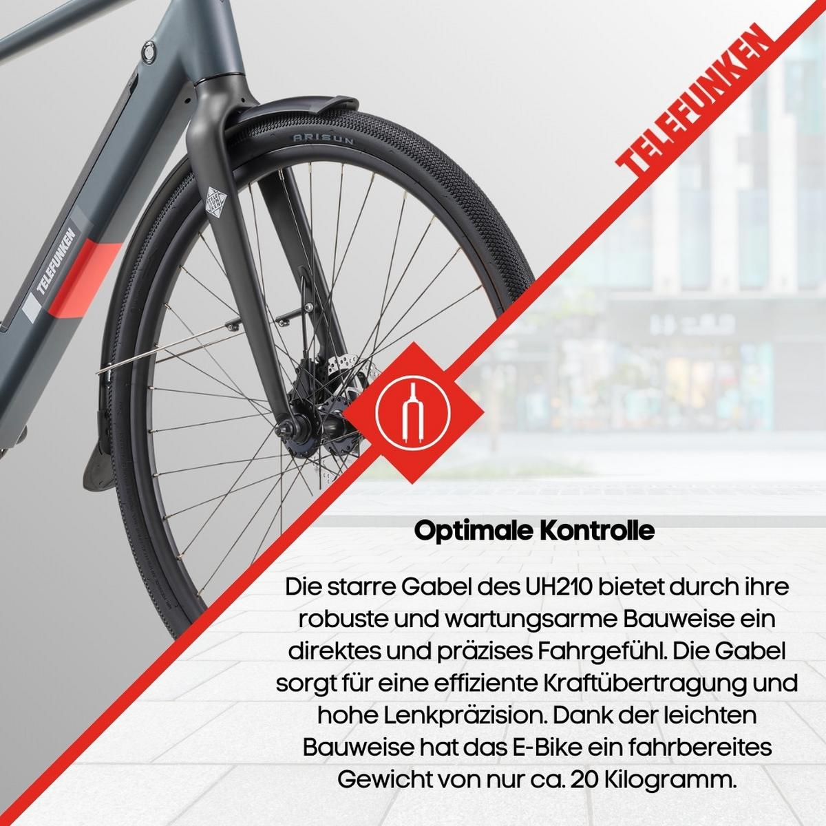E-BIKE Urban UH210 Elektrofahrrad 28 Zoll Pedelec 417,6 Wh Hinterradmotor 7-Gang Kettenschaltung, leicht - Grau, Metall (111cm) - Telefunken