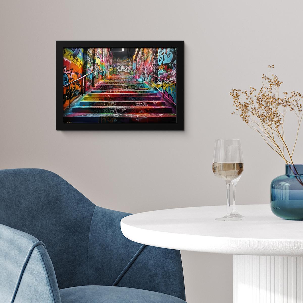 POSTER MIT RAHMENGERAHMTES BILD Treppe - Graffiti - Farben - Kunst 30x20 cm - Multicolor, Papier (30/20cm) - MuchoWow
