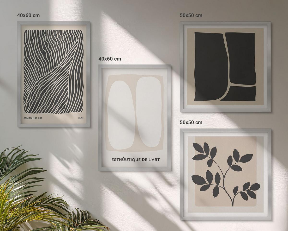 BILDER SET 4er Set - 50x50 cm & 40x60 cm Silberner Rahmen - Minimalistische Pflanzenmuster - Silberfarben, Kunststoff (50/50cm) - TULUP