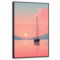 LEINWAND Bilder mit Rahmen - Segelboot - Rosa Meer - Sonnenuntergang - Berge - 60x90 - Rosa, Textil (60/90cm) - MuchoWow