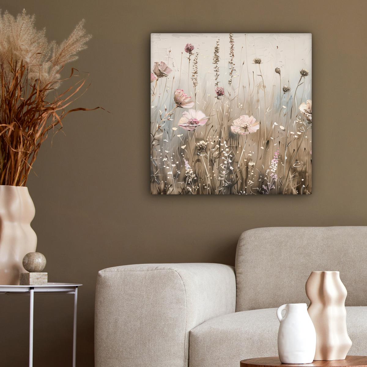 LEINWANDBILD Blumen - Rosa - Modern - Beige Wandbild Wohnzimmer 50x50 cm - Beige, Textil (50/50cm) - MuchoWow