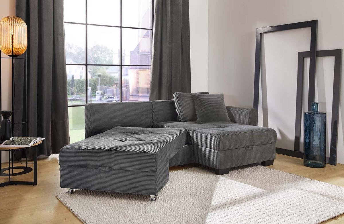 ECKSOFA Doppelbett mit Bettkasten, seitenverkehrt montierbar B247/T155/H87 cm, Liegefläche 183x207 cm, Cord Dunkelgrau / 15214 - Dunkelgrau/Schwarz, Kunststoff/Textil (247/155cm) - luma-home