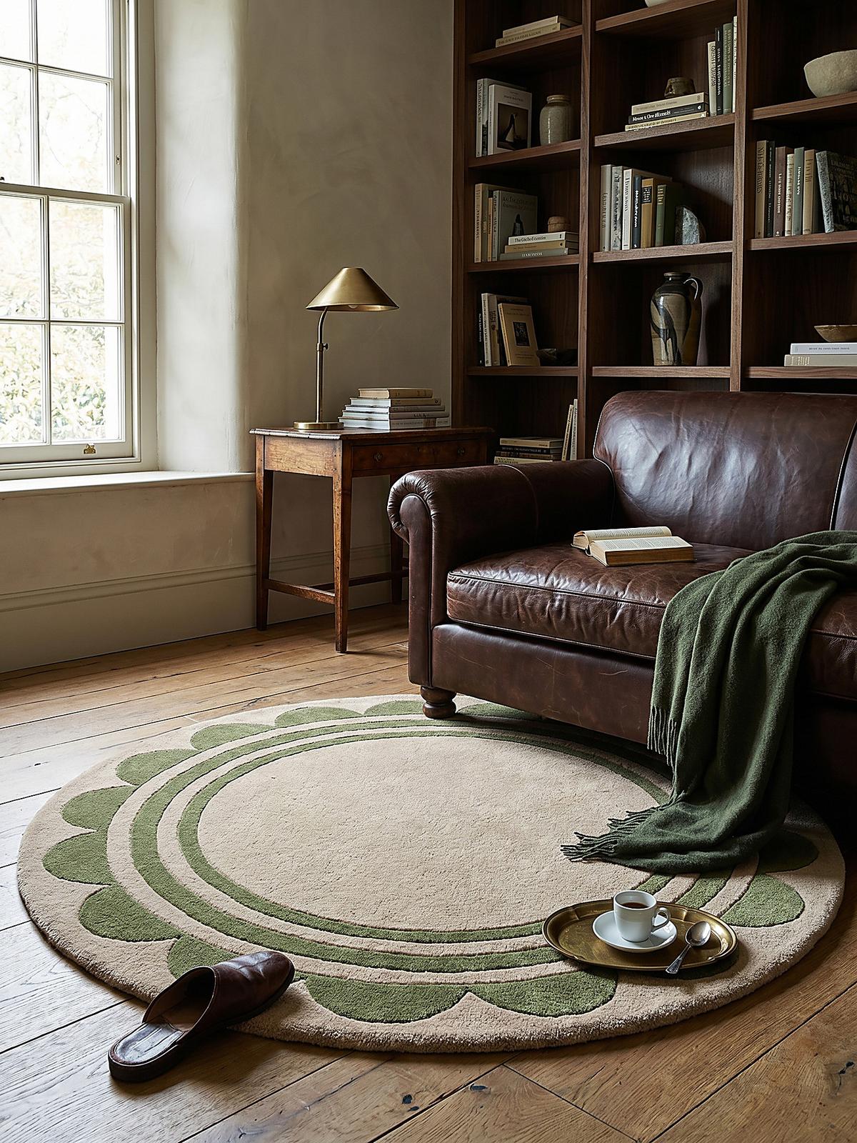 WOLLTEPPICH WENSUM, mit grafischem Muster mit Rahmen, Grün-Beige, Ø 120 cm - Grün, Textil (120/120cm) - KADIMA DESIGN