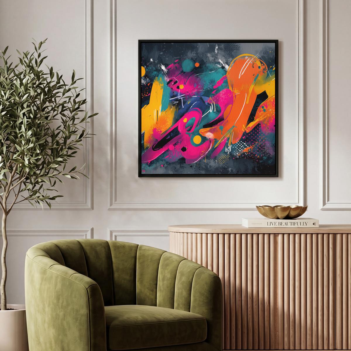 LEINWAND Bilder mit Rahmen - Abstrakt - Graffiti - Farbenfroh - Farbspritzer - 50x50 - Multicolor, Textil (50/50cm) - MuchoWow