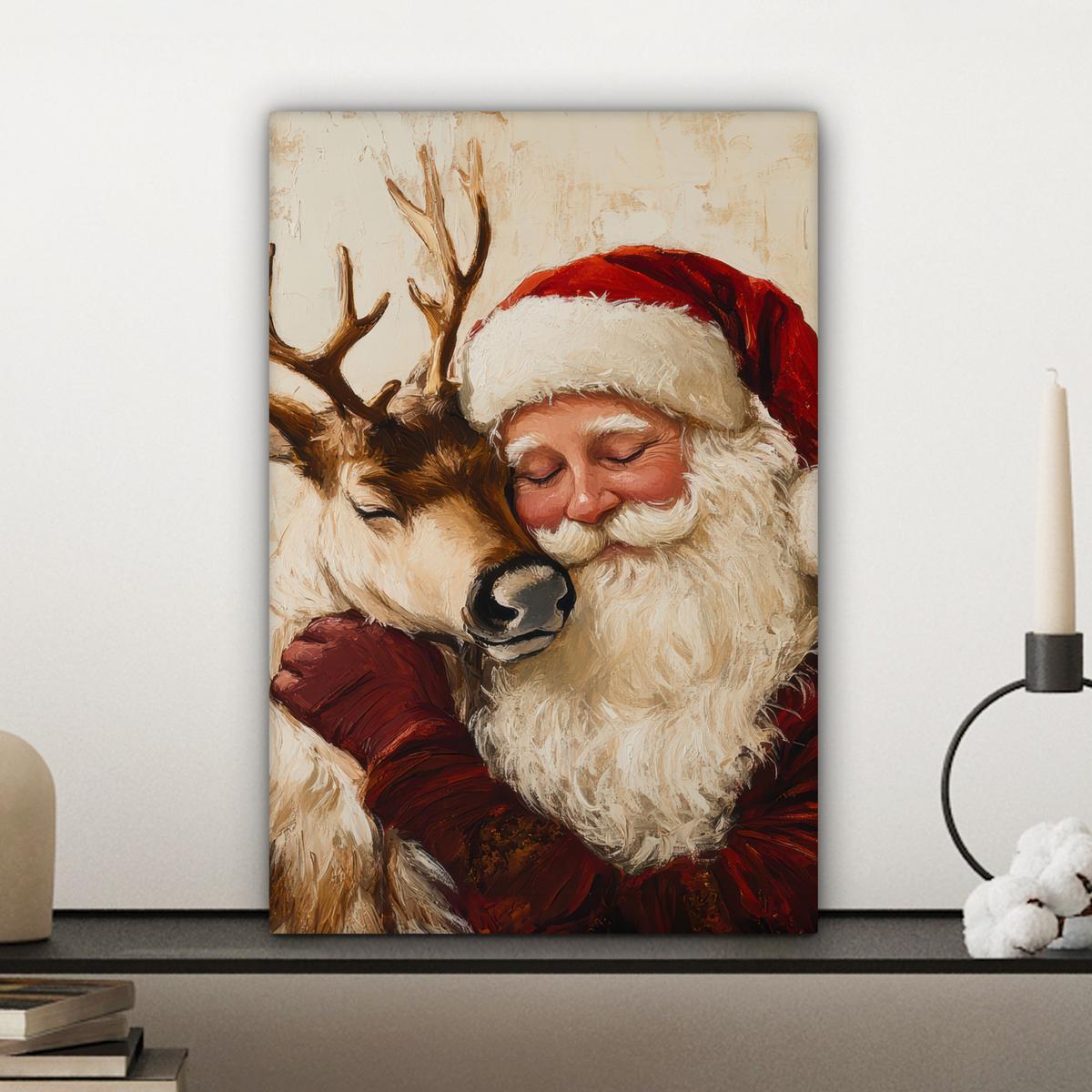 LEINWANDBILD Weihnachtsmann - Rentier - Weihnachten Deko Wohnzimmer 20x30 cm - Rotbraun, Textil (20/30cm) - MuchoWow