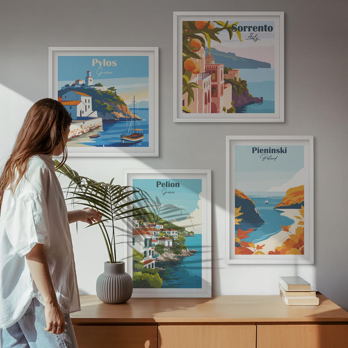 BILDER SET 4er Set - 50x50 cm & 40x60 cm Weißer Rahmen - Retro-Landschaften im malerischen Stil - Weiß, Kunststoff (50/50cm) - TULUP
