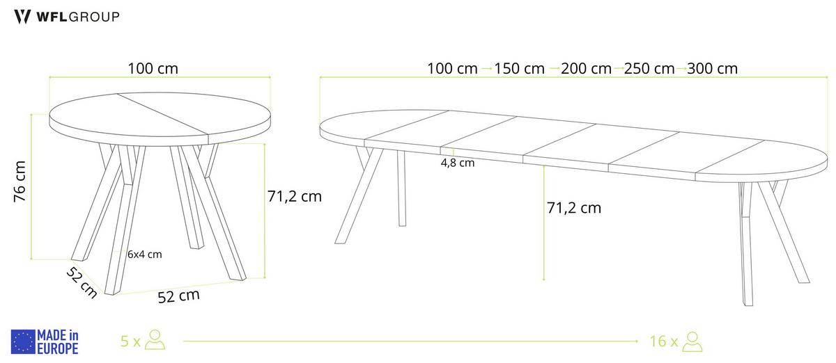 ESSTISCH Twixy XXL groß rund oval ausziehbar, Grauer Beton 100-300/100/76 cm - Hellgrau/Schwarz, Holz/Holzwerkstoff (100/300/76cm) - WFL GROUP