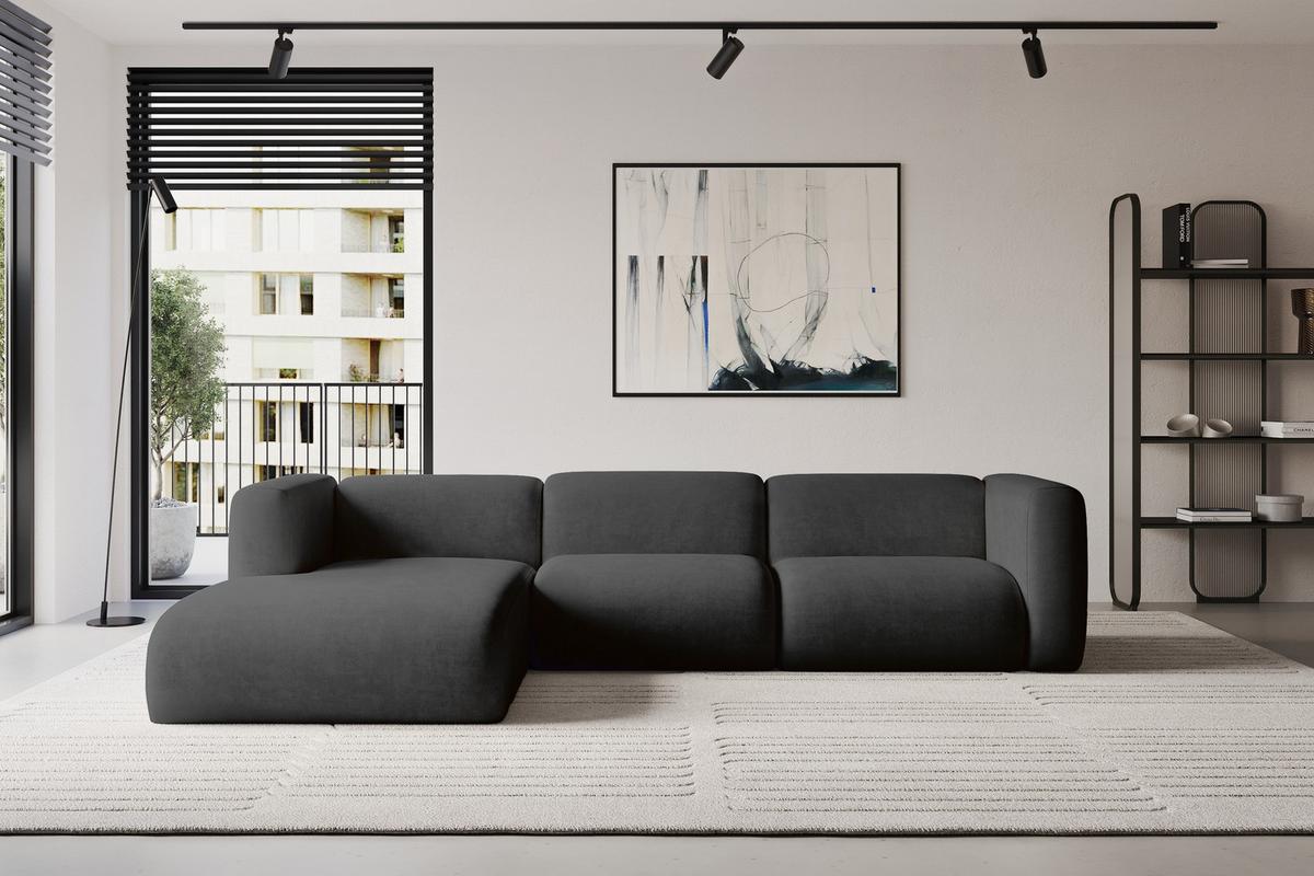 ECKSOFA Ottomane Links MIRA-L2 318x179x89 Schwarz Velours - Anthrazit/Schwarz, Holzwerkstoff/Kunststoff (318/179cm) - ALTDECOR